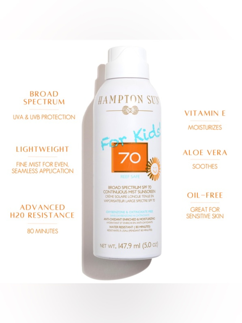 Hampton Sun SPF 70 Kids Continuous Mist Sunscreen (5 oz) NWT Sealed